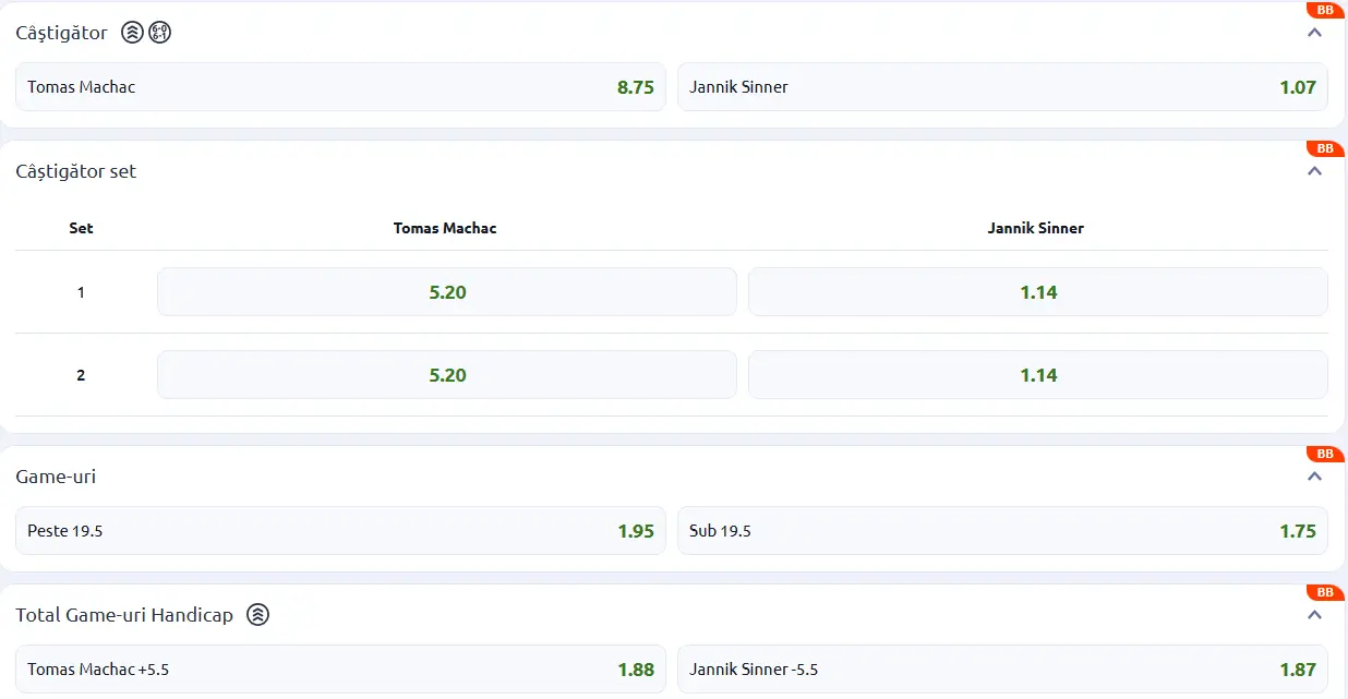 Cote pariuri la Betano - Tomas Machac vs Jannik Sinner, primul tur de la Qatar ExxonMobil Open 2026