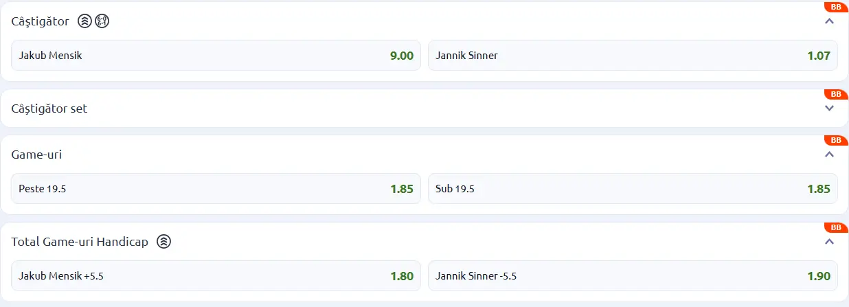 Cote pariuri la Betano - faza sferturilor de finală de la Doha 2026 Qatar Open, Jakub Mensik vs Jannik Sinner