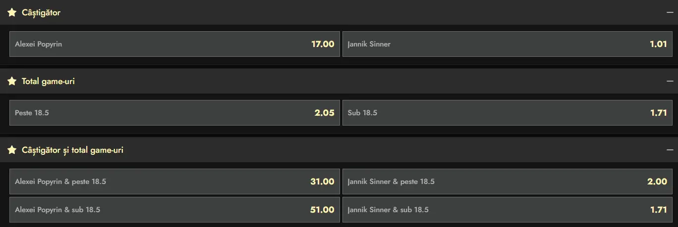 Cote pariuri la Don - Alexei Popyrin vs Jannik Sinner optimi ATP Doha 2026