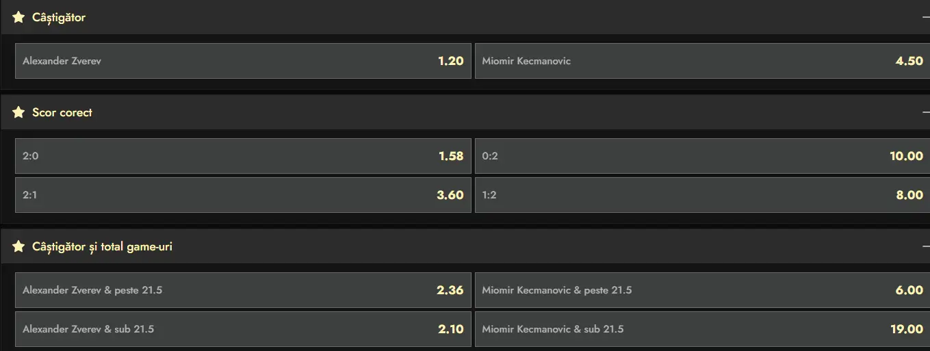 Cote pariuri la Don - faza optimilor de finală de la ATP 2026 Acapulco Open, Alexander Zverev vs Miomir Kecmanovic