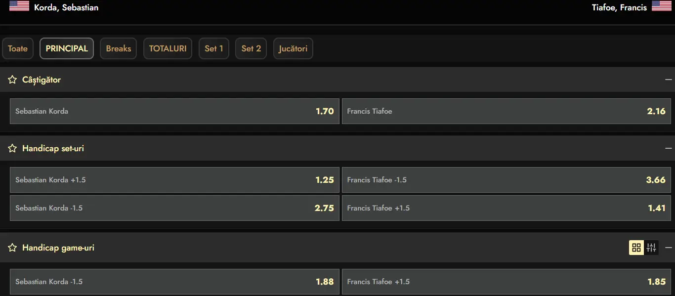 Cote pariuri la Don optimi ATP World Tour 2026 Dallas - Sebastian Korda vs Frances Tiafoe