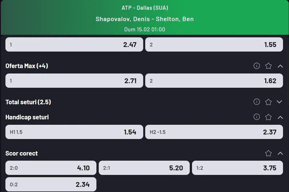 Cote pariuri la Maxbet - Dallas Open 2026 ATP, Denis Shapovalov vs Ben Shelton