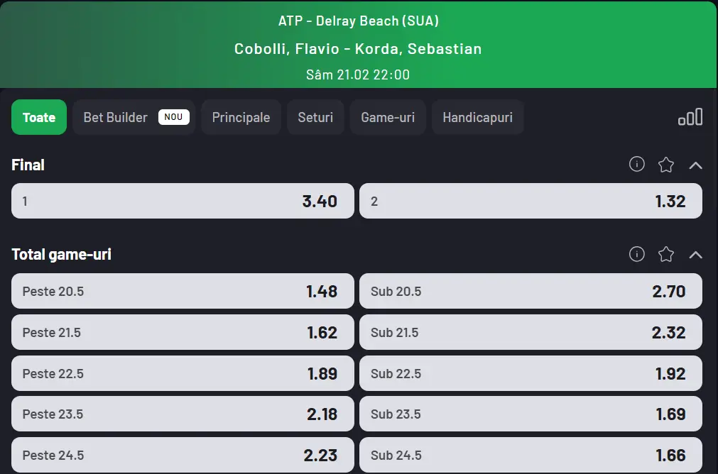 Cote pariuri la Maxbet - ”careul de ași„ de la Delray Beach 2026 Open, Flavio Cobolli vs Sebastian Korda