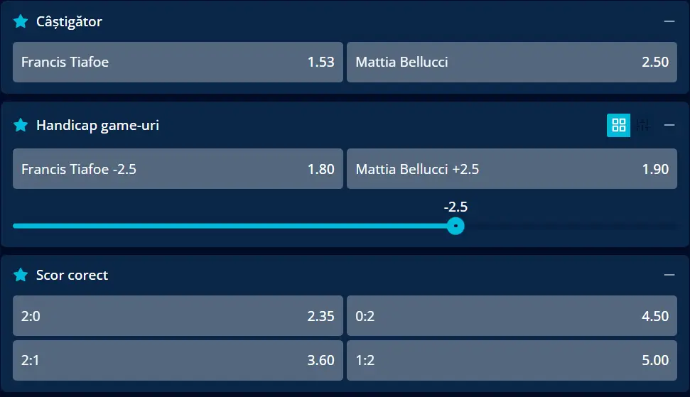 Cote pariuri la Mr Bit - faza sferturilor de finală de la Acapulco 2026 Open, Frances Tiafoe vs Mattia Bellucci