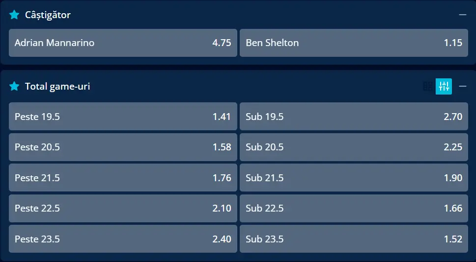 Cote pariuri la Mr Bit optimi 2026 Nexo Dallas Open - Adrian Mannarino vs Ben Shelton