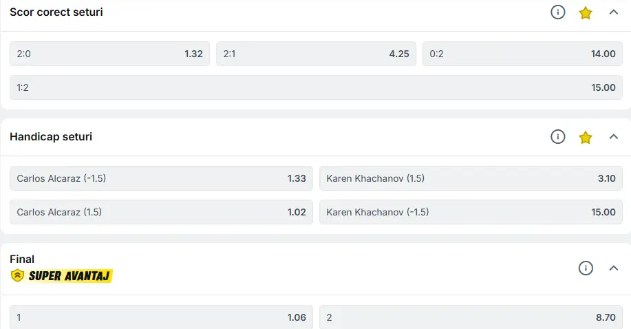 Cote pariuri la Superbet - Carlos Alcaraz vs Karen Khachanov