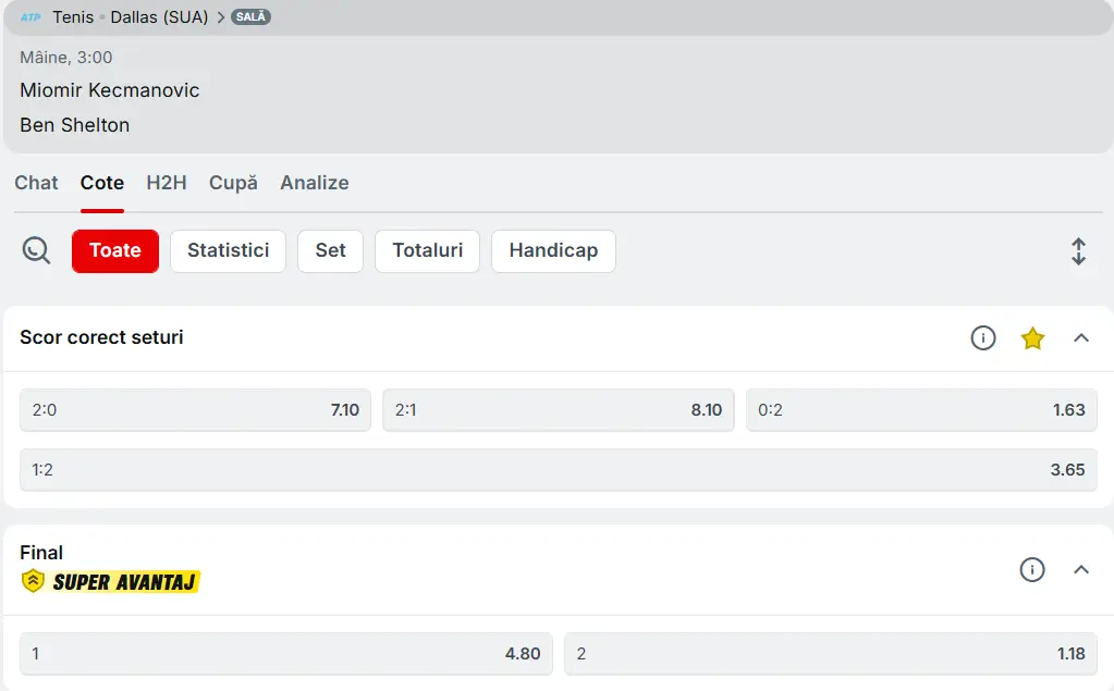 Cote pariuri la Superbet din ”sferturile” ATP 2026 Dallas - Miomir Kecmanovic vs Ben Shelton