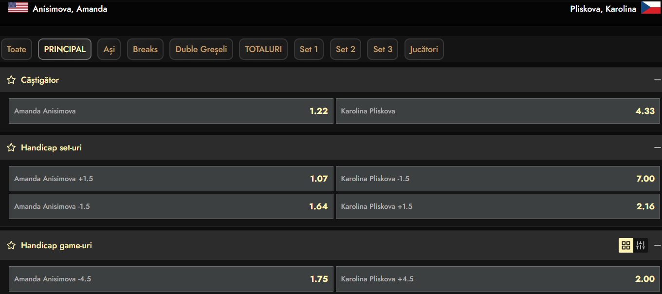 Cote pariuri turul doi WTA Doha 2026 - Amanda Anisimova vs Karolina Pliskova