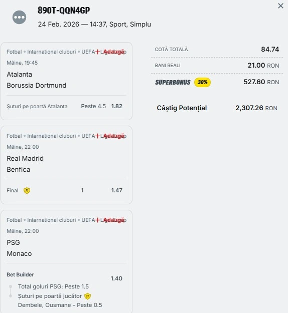 Bilet pariu șansă Superbet din cupele europene 25.02.2026