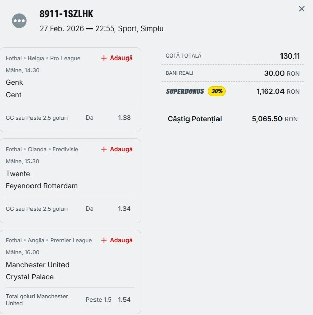 Bilet pariu șansă Superbet 01.03.2026