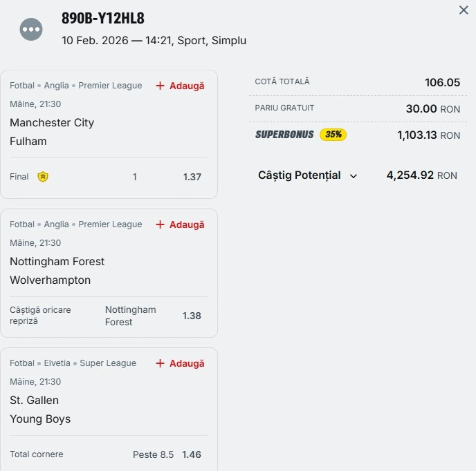 Bilet pariu șansă Superbet 11 februarie 2026