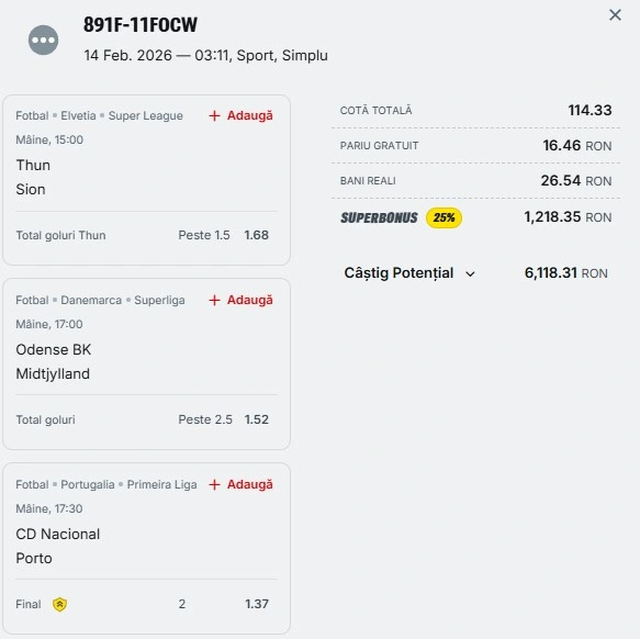 Bilet pariu șansă Superbet 15 februarie 2026