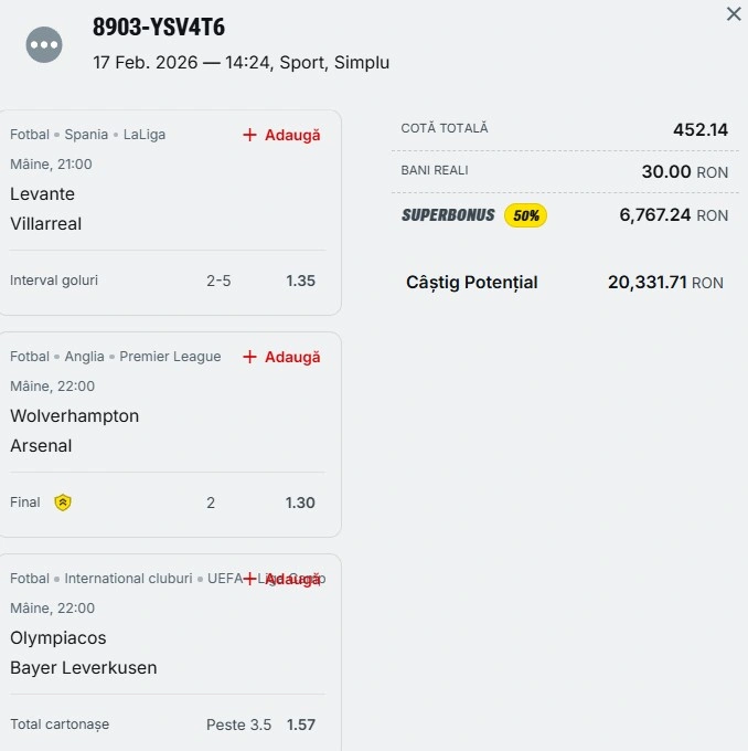 Bilet pariu șansă Superbet 18.02.2026