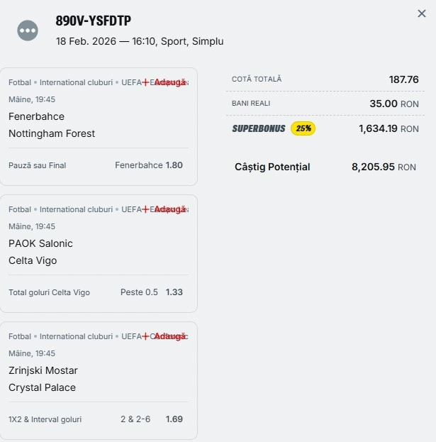 Bilet pariu șansă Superbet 19 februarie 2026