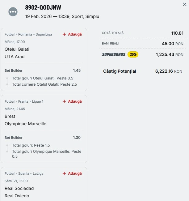 Bilet pariu șansă Superbet 20.02.2026