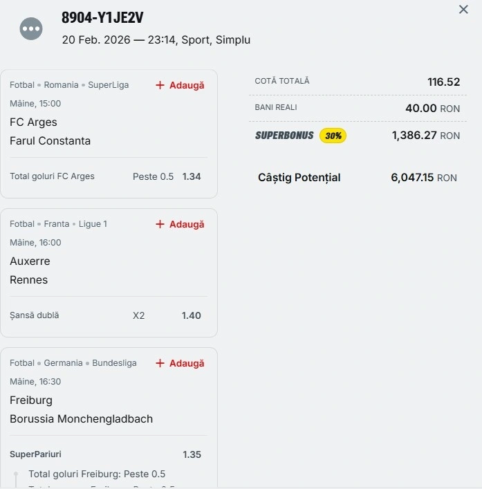 Bilet pariu șansă Superbet 22 februarie 2026