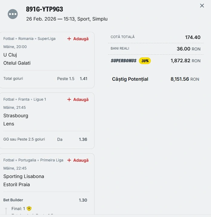 Bilet pariu șansă Superbet 27 februarie 2026