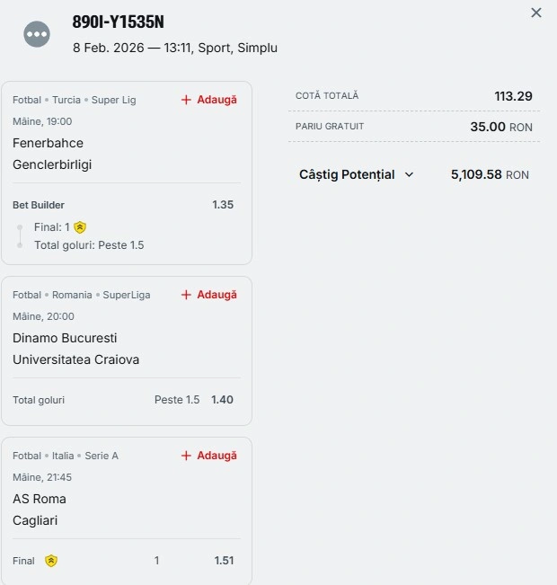 Bilet săptămânal din fotbal 09.02.2026