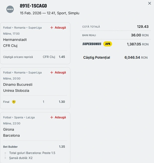 Bilet săptămânal din fotbal 16.02.2026