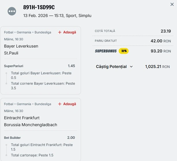 Biletul zilei azi din fotbal 14 februarie 2026