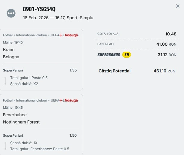 Biletul zilei azi din fotbal 19.02.2026