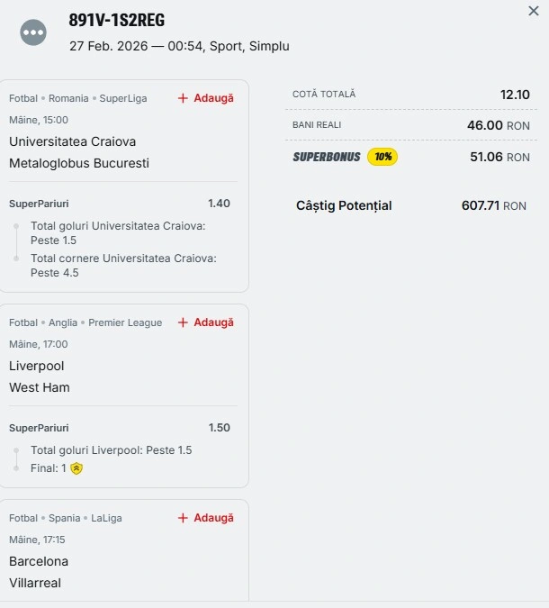 Biletul zilei azi din fotbal 28 februarie 2026