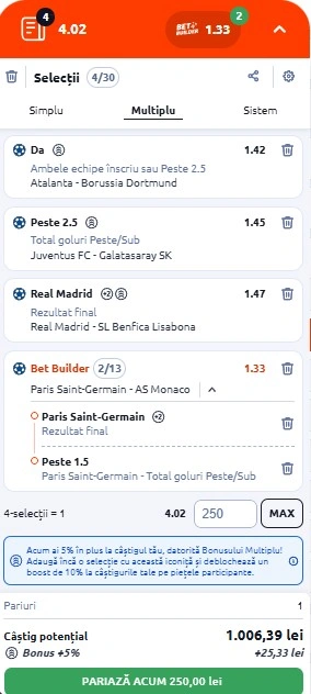 Biletul zilei din Champions League 25 februarie 2026