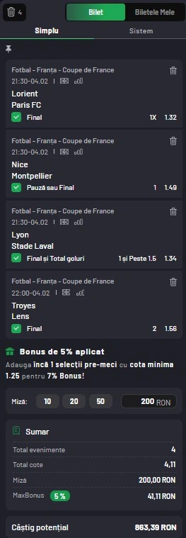 Biletul zilei din Cupa Franței 04.02.2026