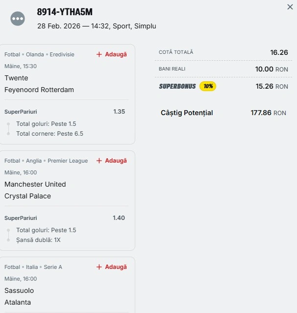 Biletul zilei din fotbal 01.03.2026