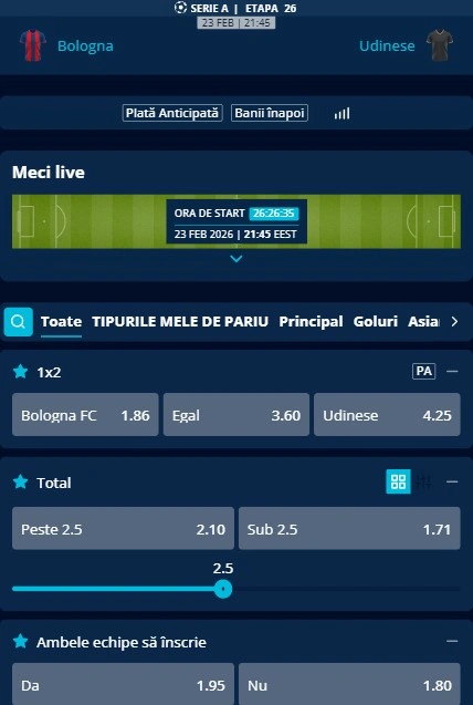 Cote pariuri Bologna vs Udinese