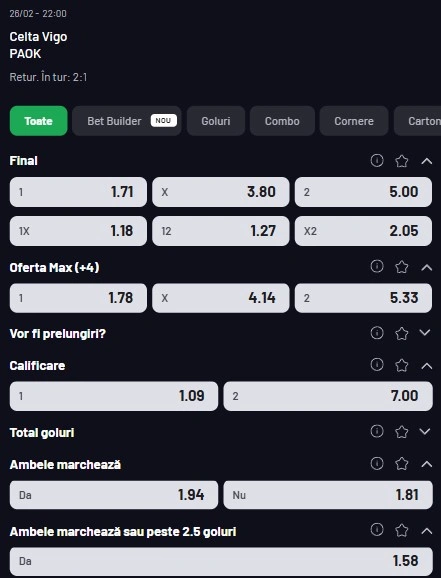 Cote pariuri Celta Vigo vs PAOK
