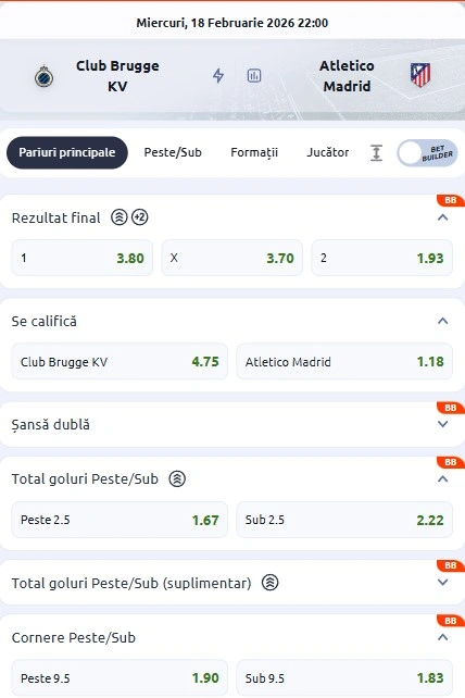 Cote pariuri Club Brugge vs Atletico Madrid