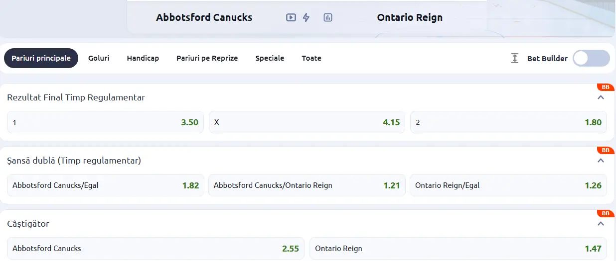 cote Abbotsford Canucks vs Ontario - AHL 16 Februarie 2026