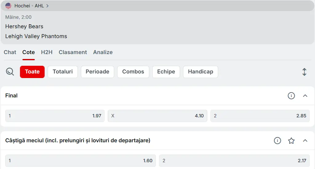 cote Hershey Bears vs Phantoms - AHL Hochei 21 Februarie 2026