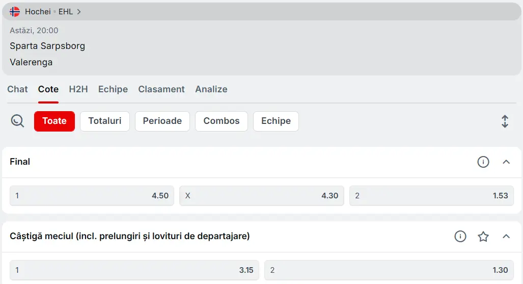 cote Sparta Sarpsborg vs Valerenga - Ponturi hochei 19 Februarie 2026