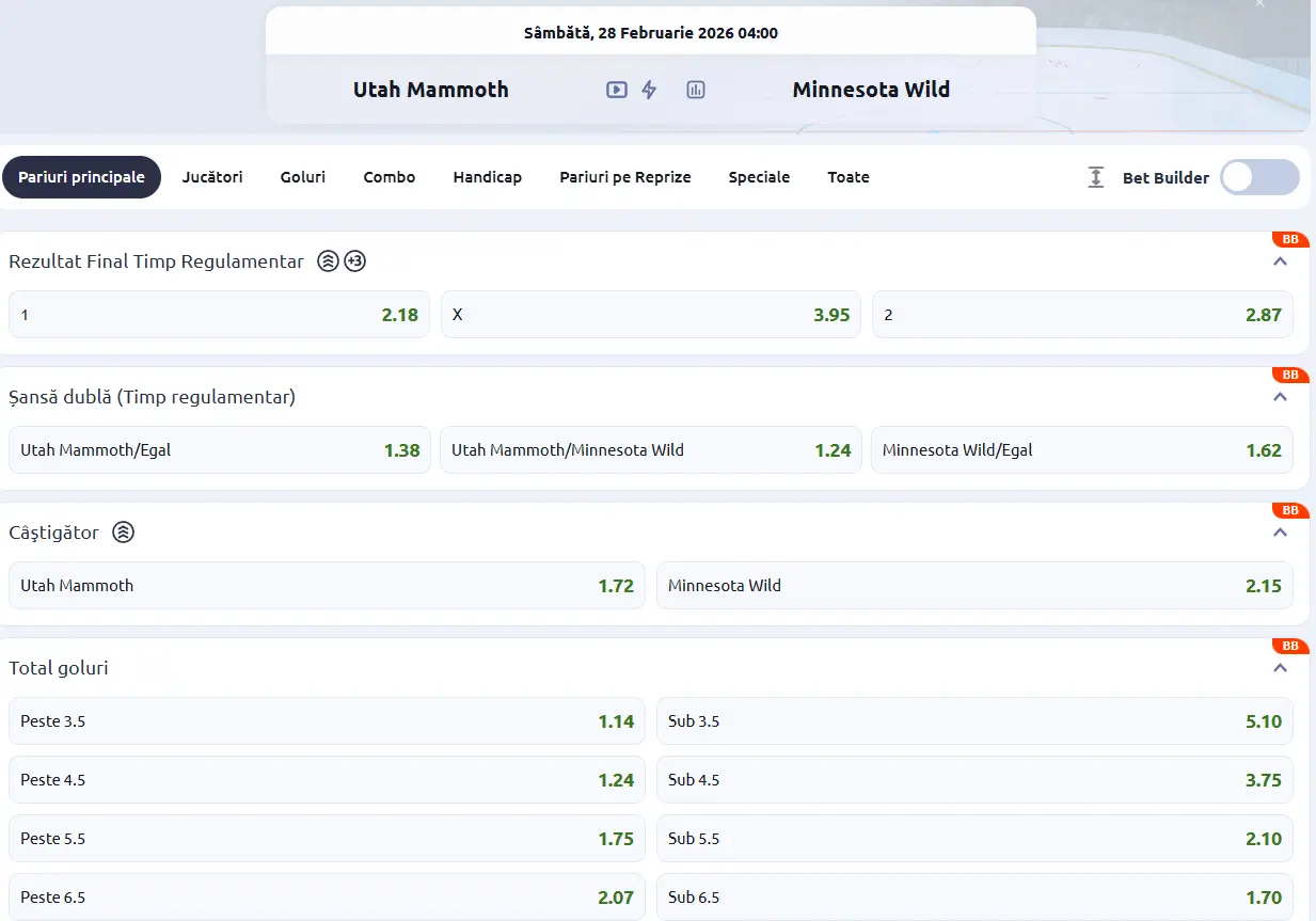 cote Utah vs Minnesota - NHL Hochei 28 Februarie 2026