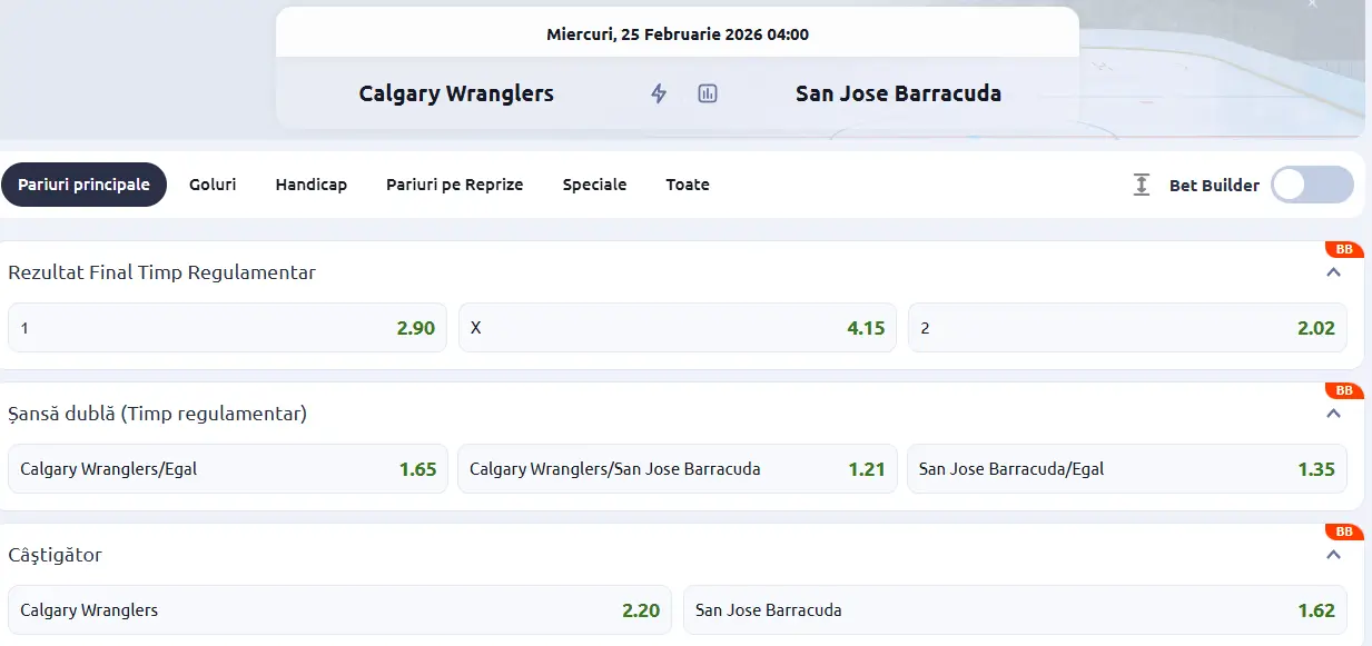cote pariuri Calgary Wranglers vs Barracuda - Hochei AHL 25 Februarie 2026