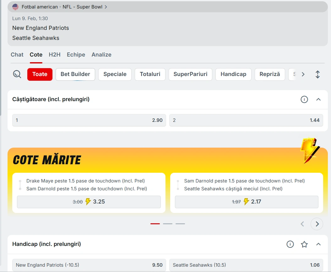 cote pariuri New England Patriots vs Seattle Seahawks - NFL 09.02.2026