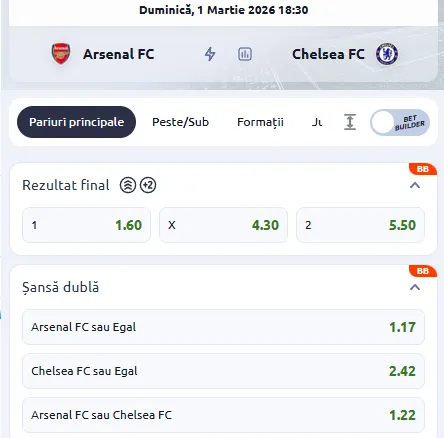 Cote pariuri Arsenal vs Chelsea la Betano