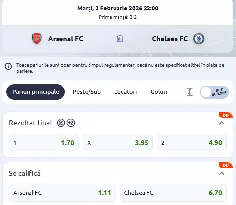 Cote pariuri Arsenal vs Chelsea oferite de Betano