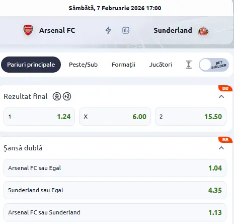 Cote pariuri Arsenal vs Sunderland oferite de Betano