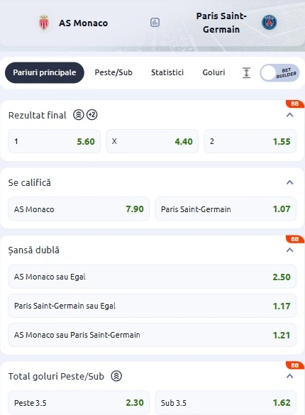 Cote pariuri AS Monaco vs PSG oferite de Betano