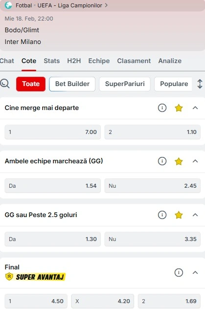 Cote pariuri Bodo/Glimt - Inter Milan de la Superbet