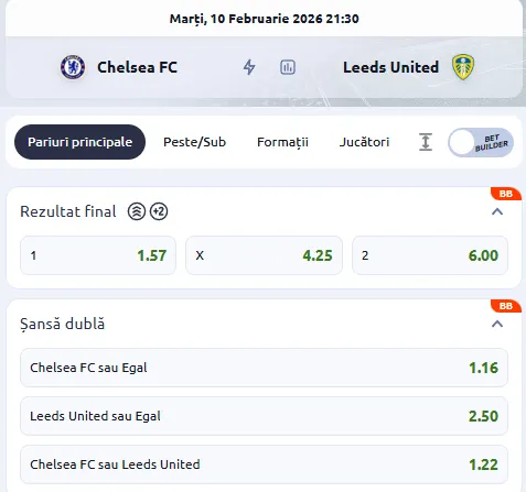 Cote pariuri Chelsea vs Leeds la Betano