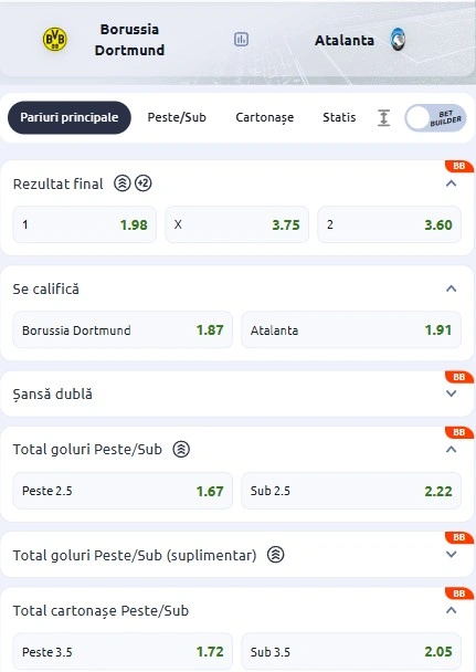 Cote pariuri Dortmund - Atalanta de la Betano