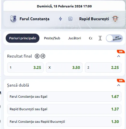 Cote pariuri Farul Constanța vs Rapid la Betano