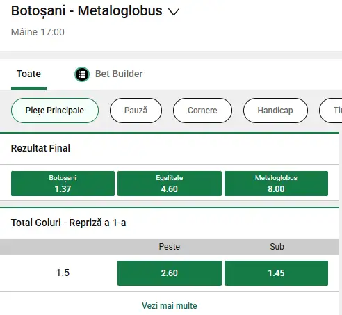 Cote pariuri FC Botoșani vs Metaloglobus la Unibet