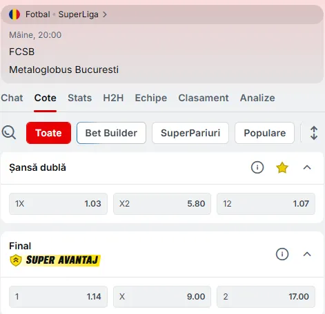 Cote pariuri FCSB vs Metaloglobus la Superbet