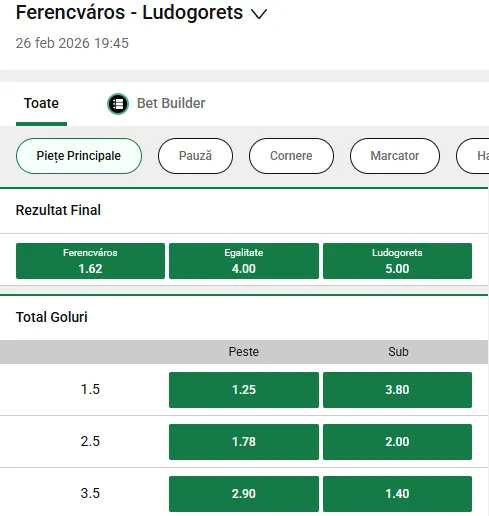 Cote pariuri Ferencvaros - Ludogorets la Unibet