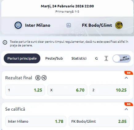 Cote pariuri Inter vs Bodo/Glimt la Betano